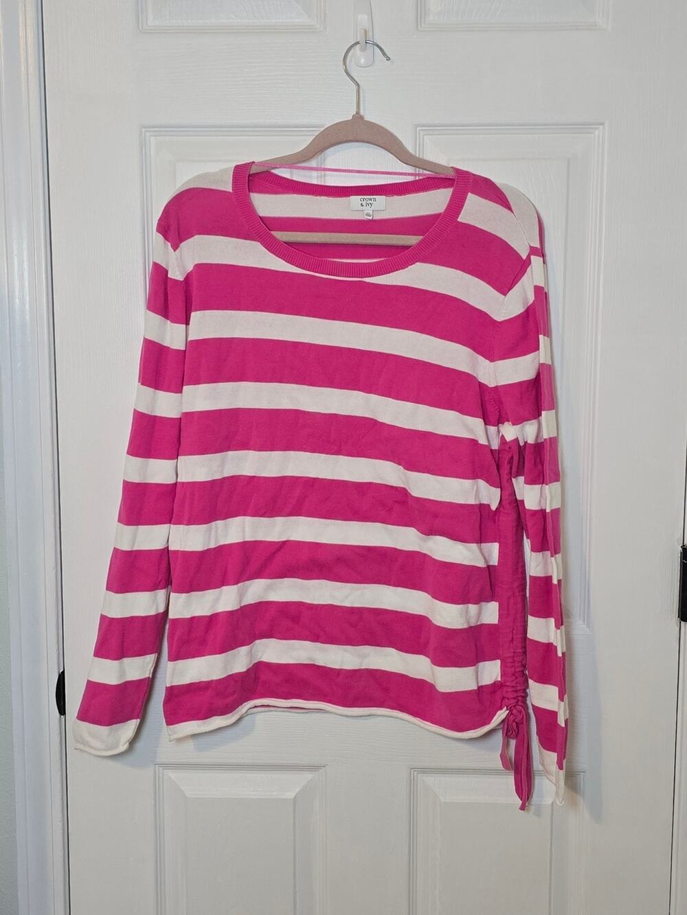 Crown & Ivy Pink White Striped Sweater XL Ruched Side Tie Long Sleeve Preppy